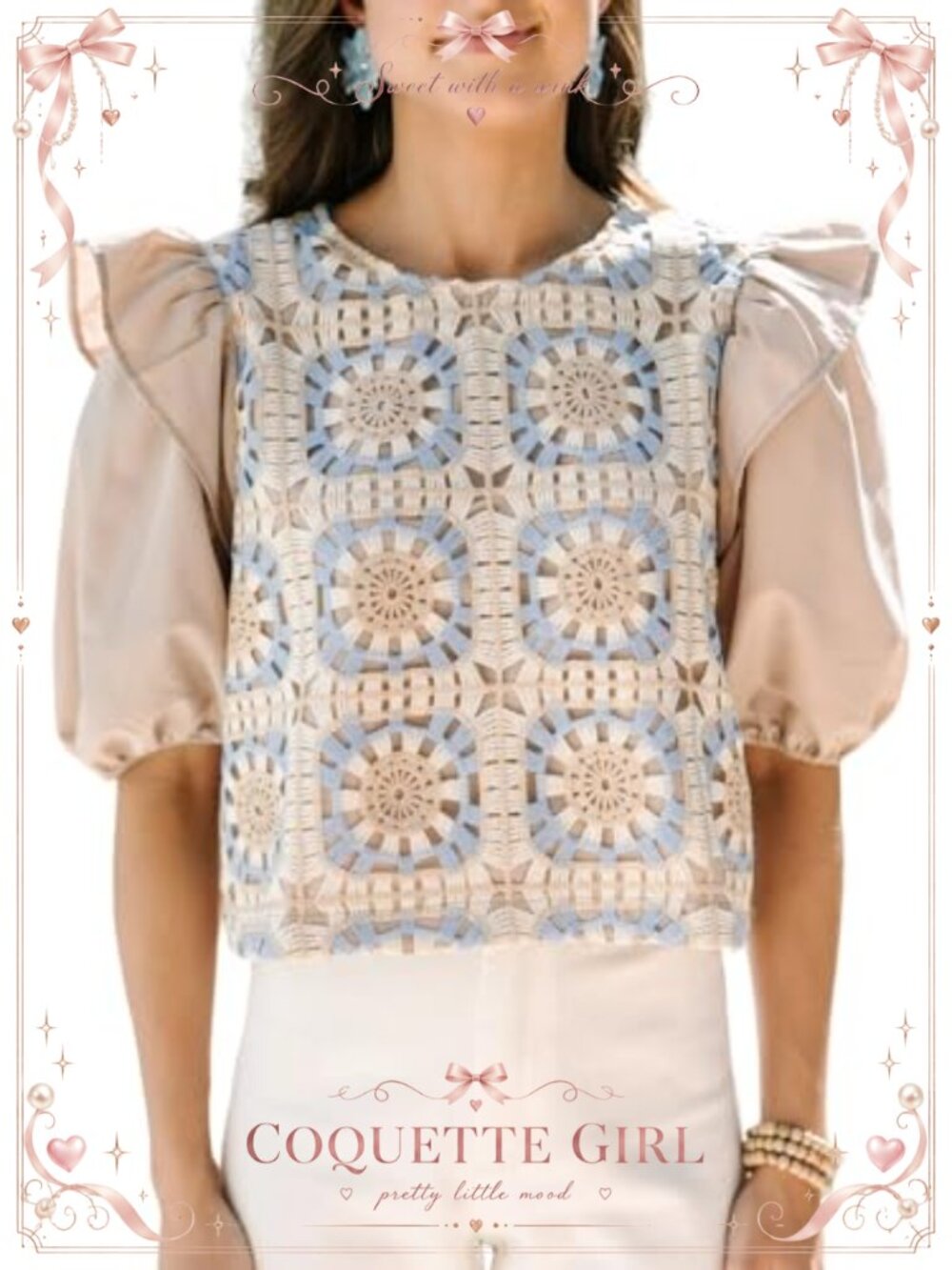 Women Crochet Crop Top Summer Floral Eyelet Ruffle Sleeve Casual Shirt
